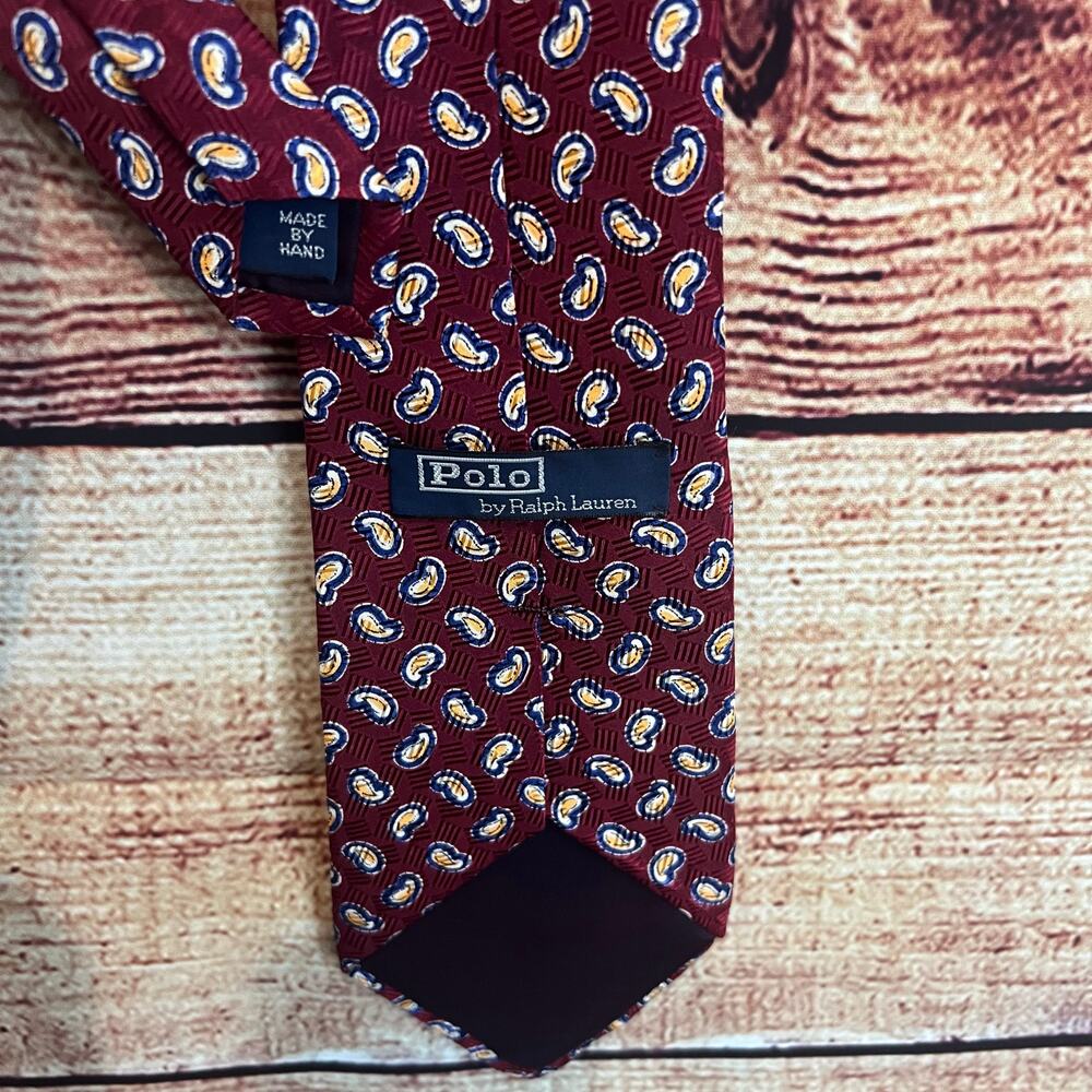 Polo Ralph Lauren 100% Silk Neck Tie Handmade Paisley Made in USA Burgundy Red